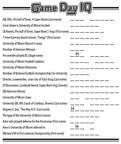 University of Miami Football Word Search page example